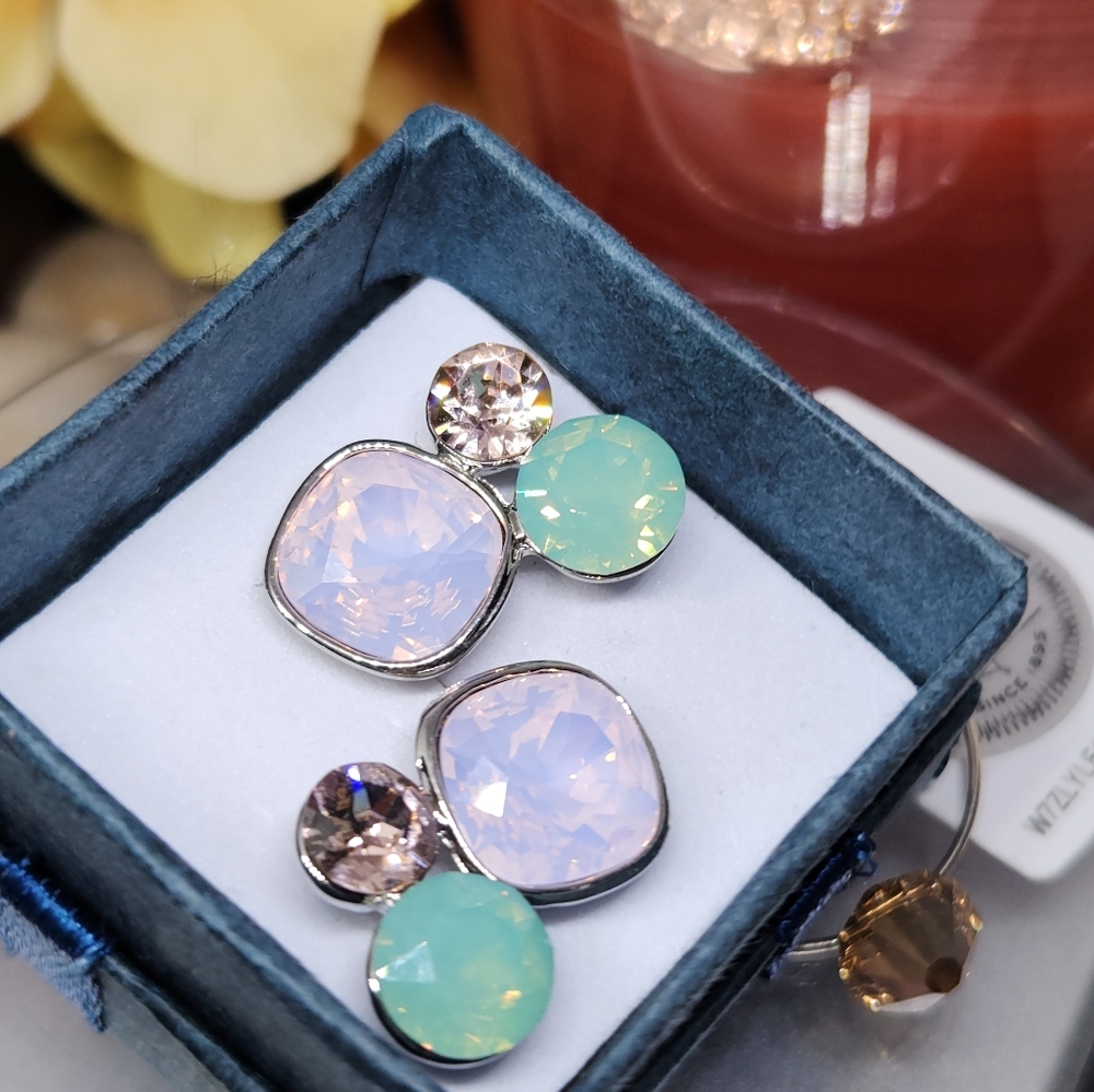Elegant Silver Callura With Swarovski Crystals Pink And Green Opal Stud Earrings